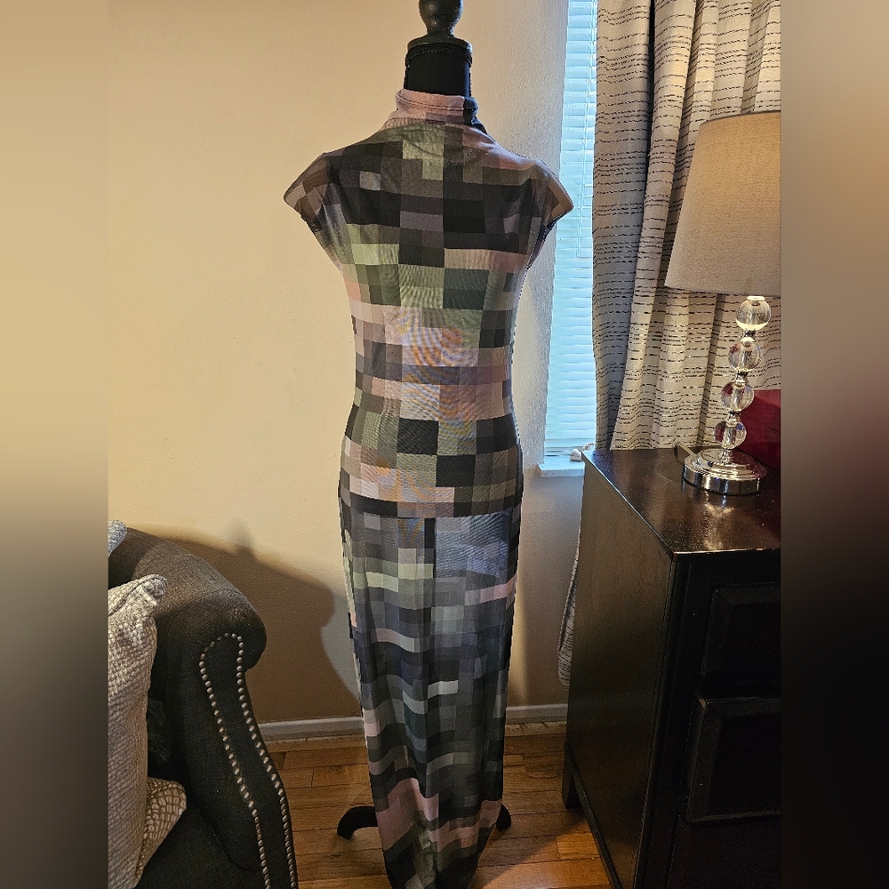 Sheer Pixel-Print Maxi Dress in Muted Greens and Gray